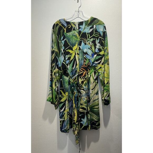 H&M Small Green Tropical Belted Kaftan Dress Birds Resort Parrot Vacation Travel - Picture 2 of 12